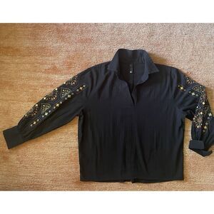 EDITION Black Cotton Embroidered Blouse Sz 14 Folk Boho Button Back